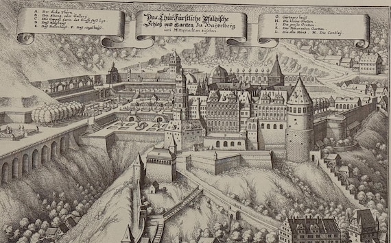 Stadtplan Heidelberger Schloss Antik 43x30cm