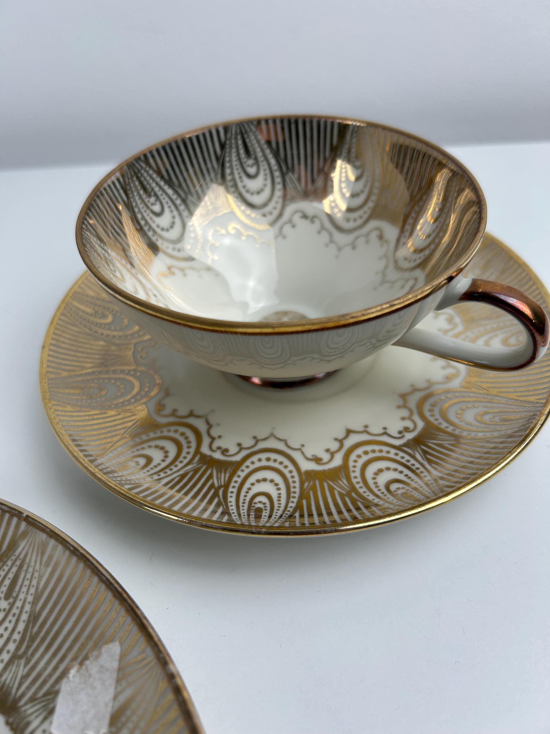 3er Set Bavaria Röslau Bavaria Nr 85 Mokkatasse, Unterteller und Teller vintage Kaffeetasse Gold antik Keramik Sammeltasse Sammler