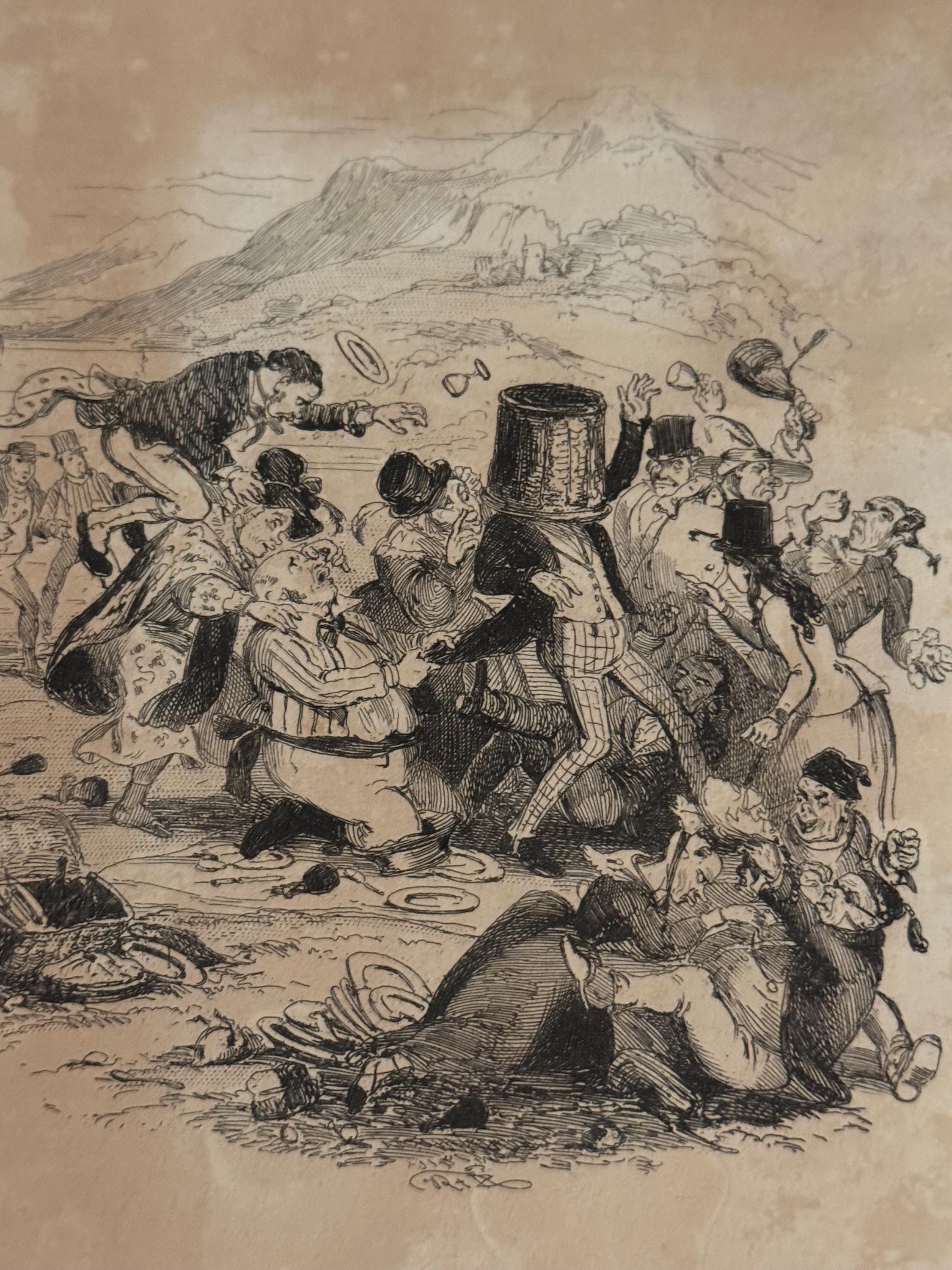 Illustration "The Pic-nic" von Hablot Knight Browne (Phiz) zu Charles Levers Roman Charles O’Malley, The Irish Dragoon (1841)