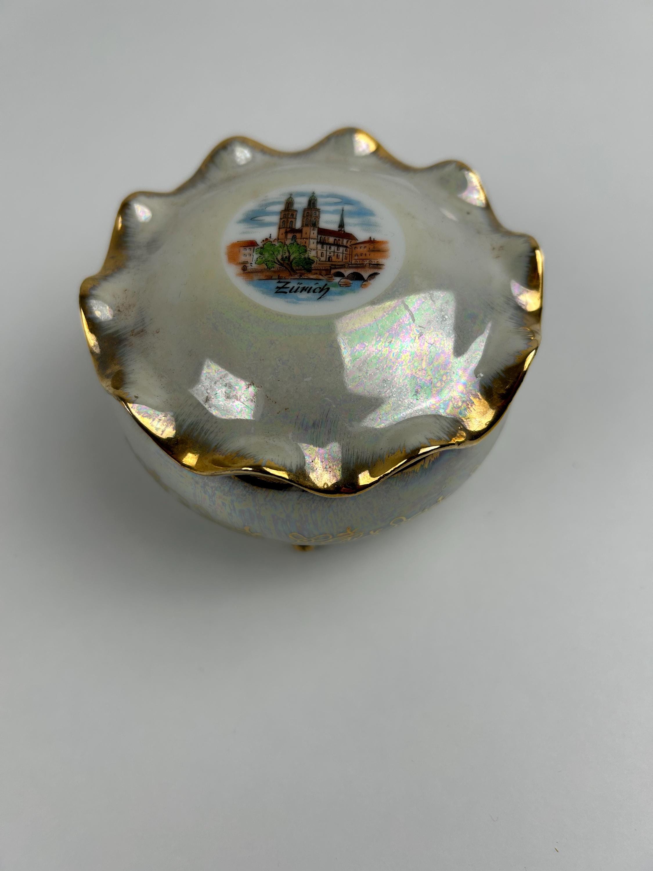 Schmuckdose "Zürich" Cotfer Schweiz Nr 500L vintage 10x10 cm 3,93x3,93 in Porzellandose Souvenir