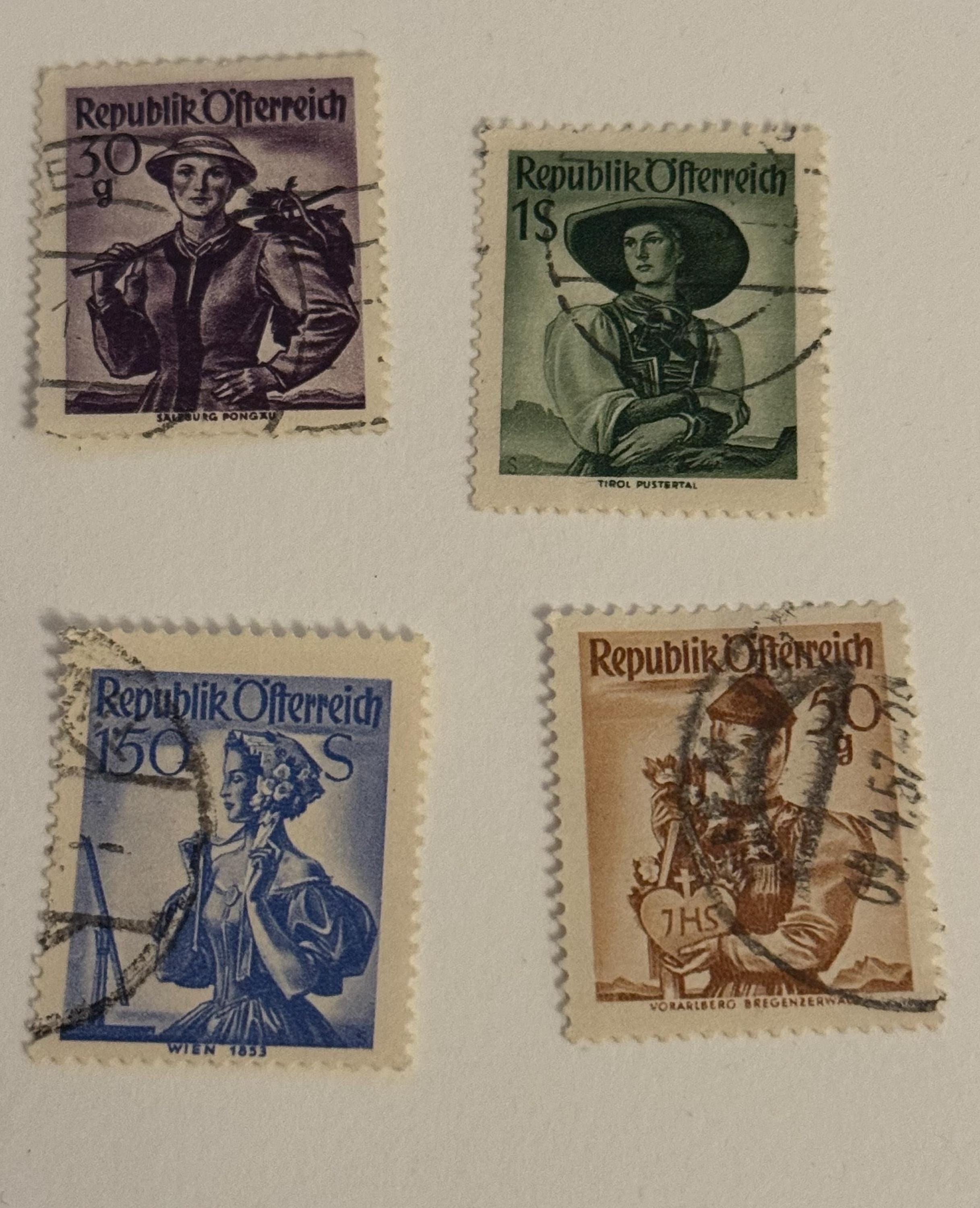 4x Österreich Briefmarken Volkstrachten-Serie