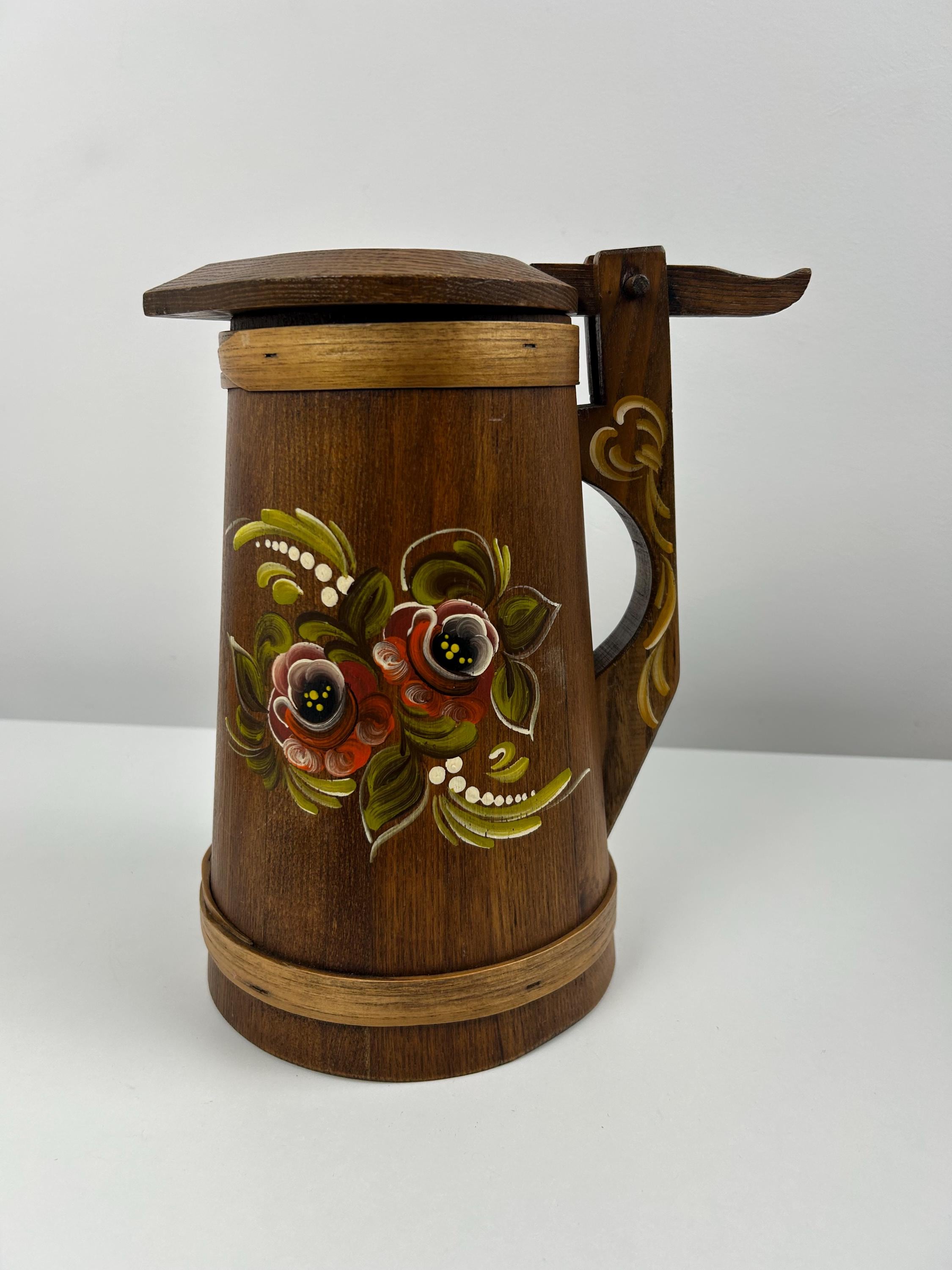 Großer Holzkrug handbemalt Blumenmuster vintage Krug Holz retro Holzkanne alt 26cm 10,2"