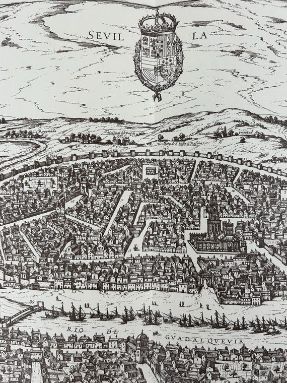 Stadtplan Sevilla Blaeuw Antik 60x43cm
