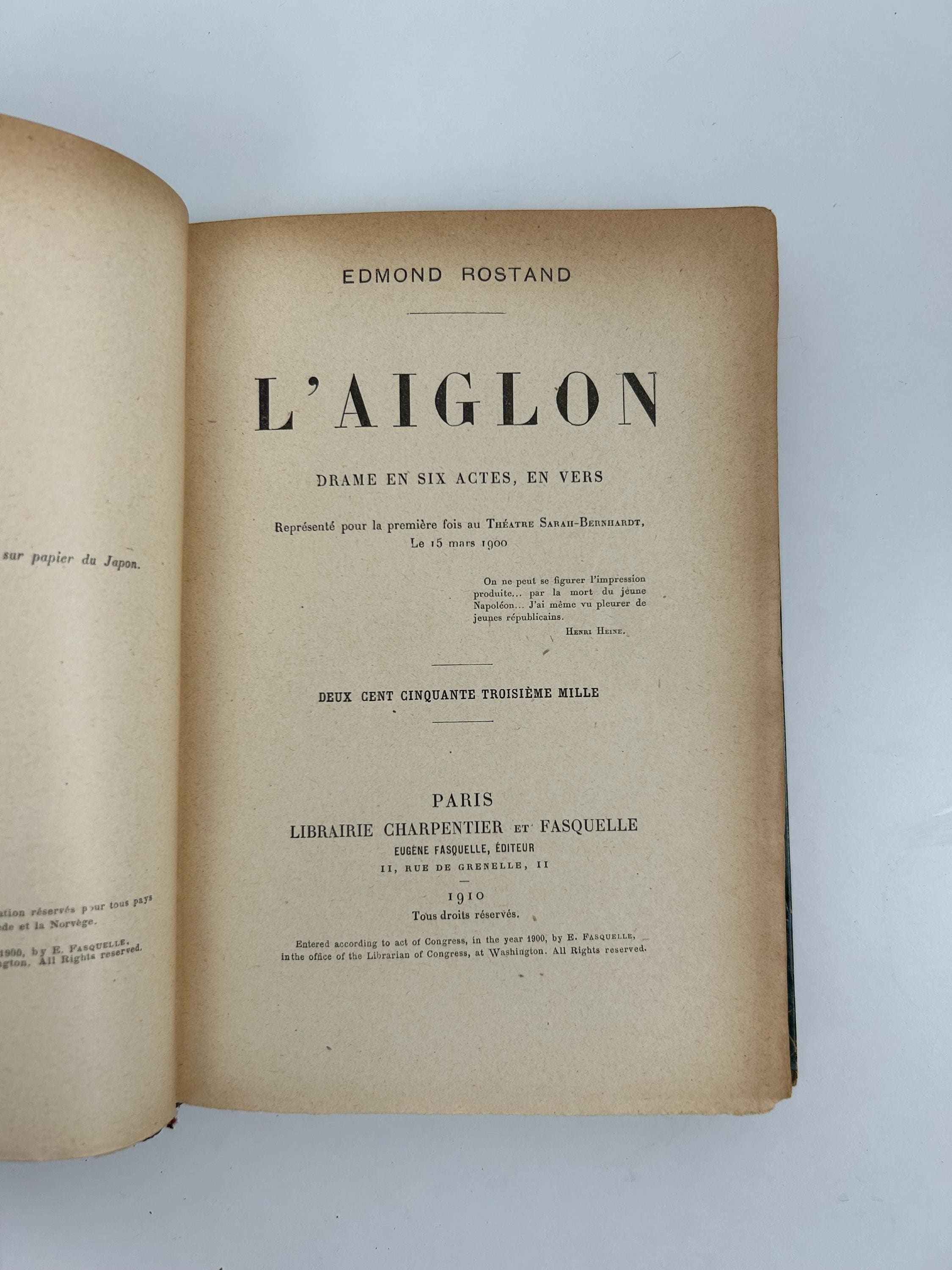 L'Aiglon" (Der Adlerjunge) von Edmond Rostand 1910 antik Buch vintage Jugendstileinband