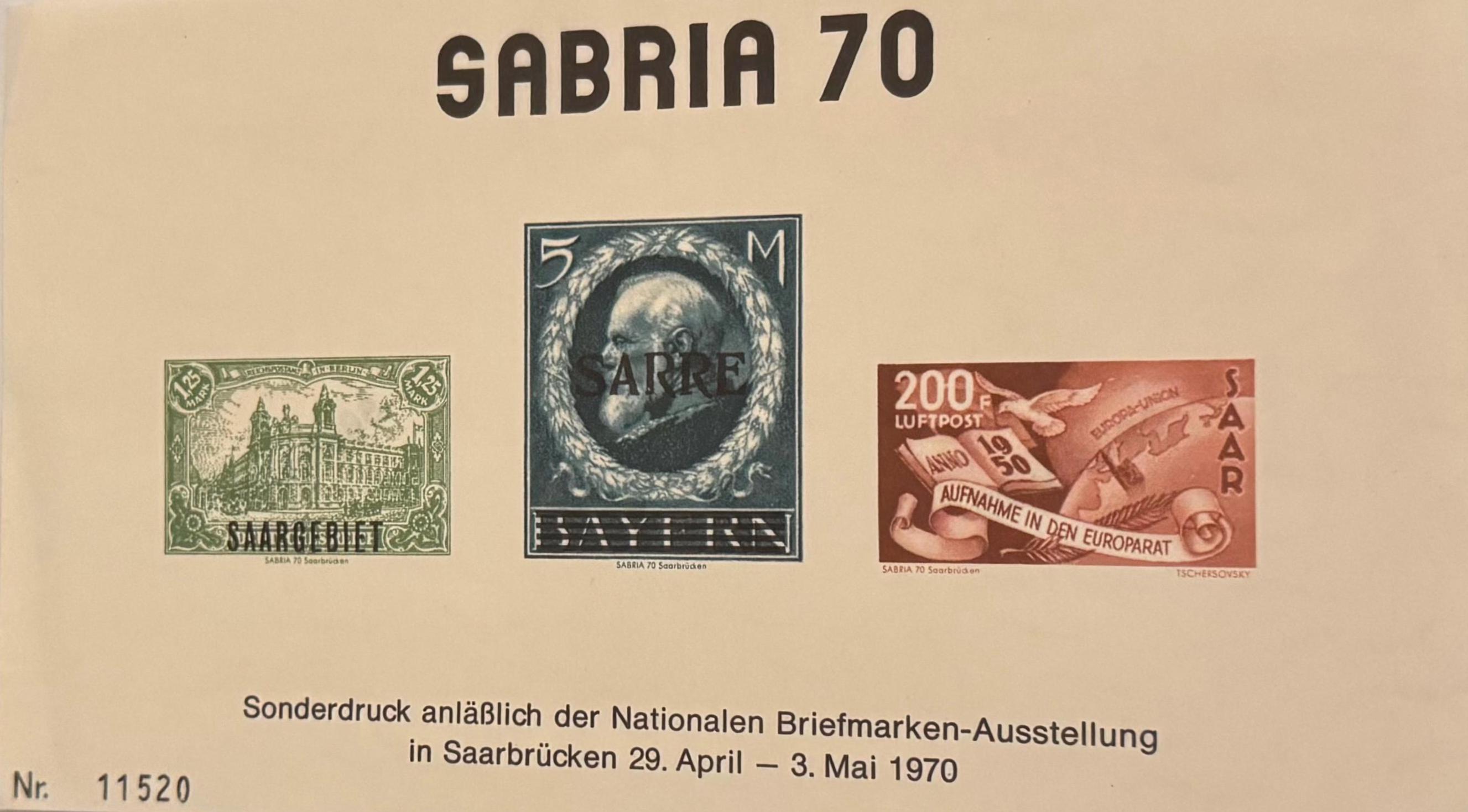 SABRIA 70 Saarbrücken – Seltener Sonderdruck Philatelie-Ausstellung 1970 | Saarland Postgeschichte | Philatelie Sammlerstück nummeriert