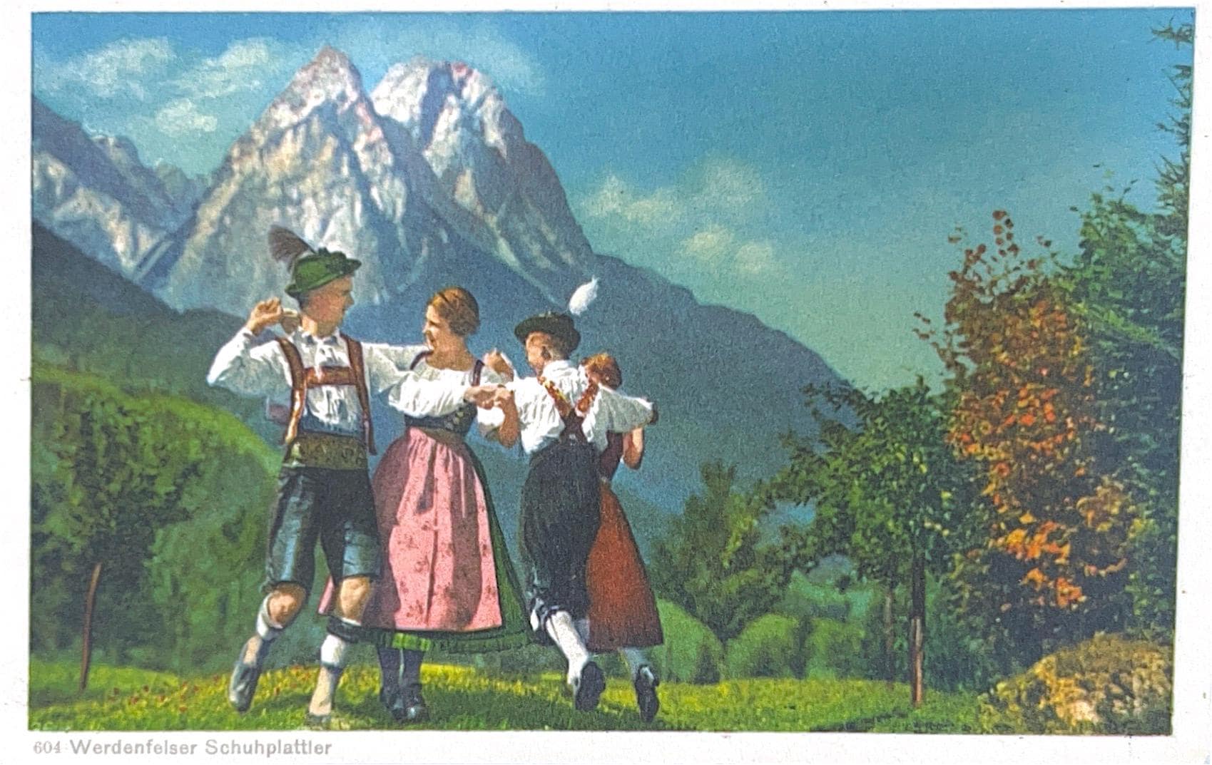 Ansichtskarte Werdenfelser Schuhplattler Berg Postkarte vintage Sammlerstück Lithografie Bildpostkarte Litho Briefkarte Korrespondenzkarte