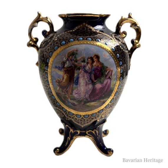 Porcelain Vase Cobalt Blue and Gold with Painted Medallion, 18 cm, Vienna Mark