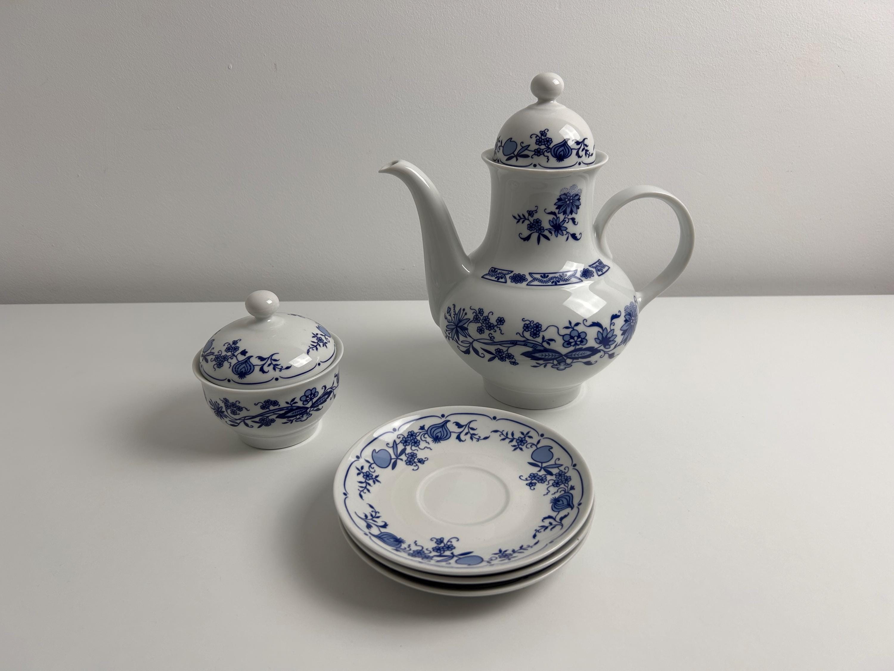 Vintage Kaffeeservice Kaffeekanne Zuckerdose Untertassen GDR Zwiebelmuster Graf von Henneberg Porzellan Jlmenau Kobalt