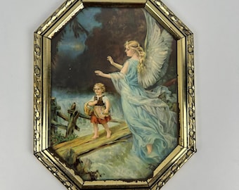 Vintage devotional and memorial picture guardian angel old 16 x 21 cm beautiful frame