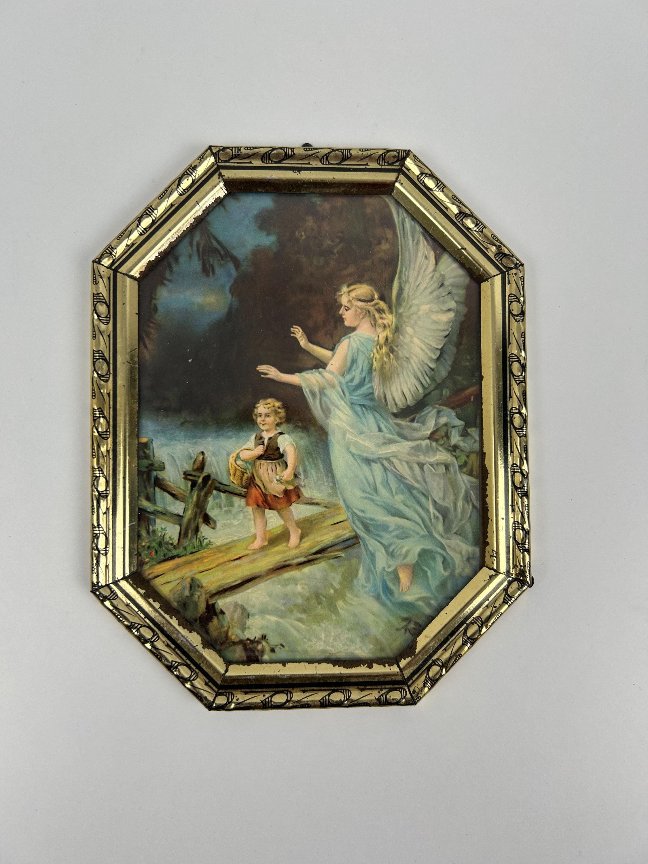 Vintage Andachts- und Erinnerungsbild Schutzengel alt 16 x 21 cm schöner Rahmen