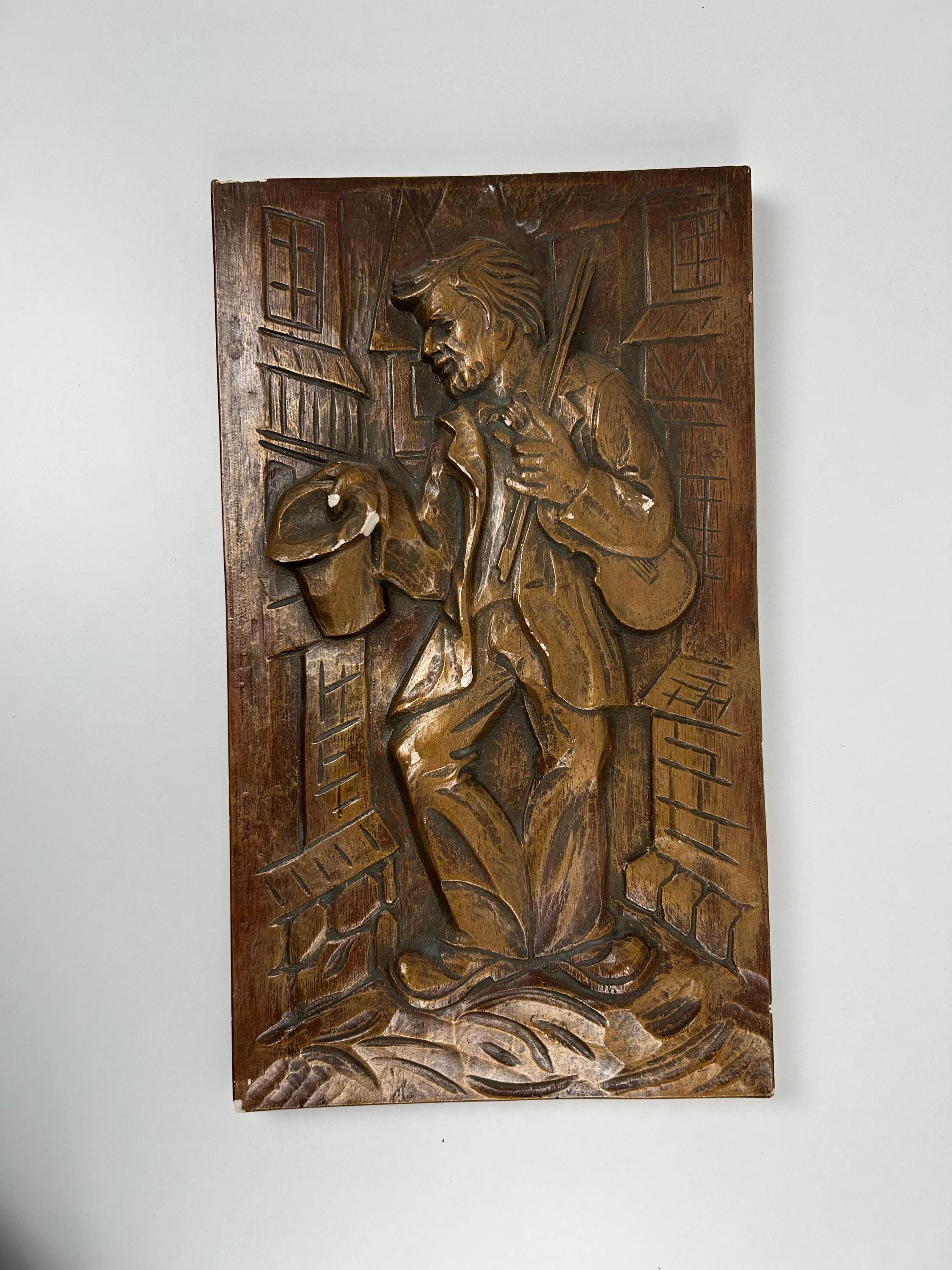 Vintage Gussrelief Geiger Holzoptik | Wandkunst Folkkunst Skulptur rustikale Deko Musiker 40x24cm 15,75x9,45"