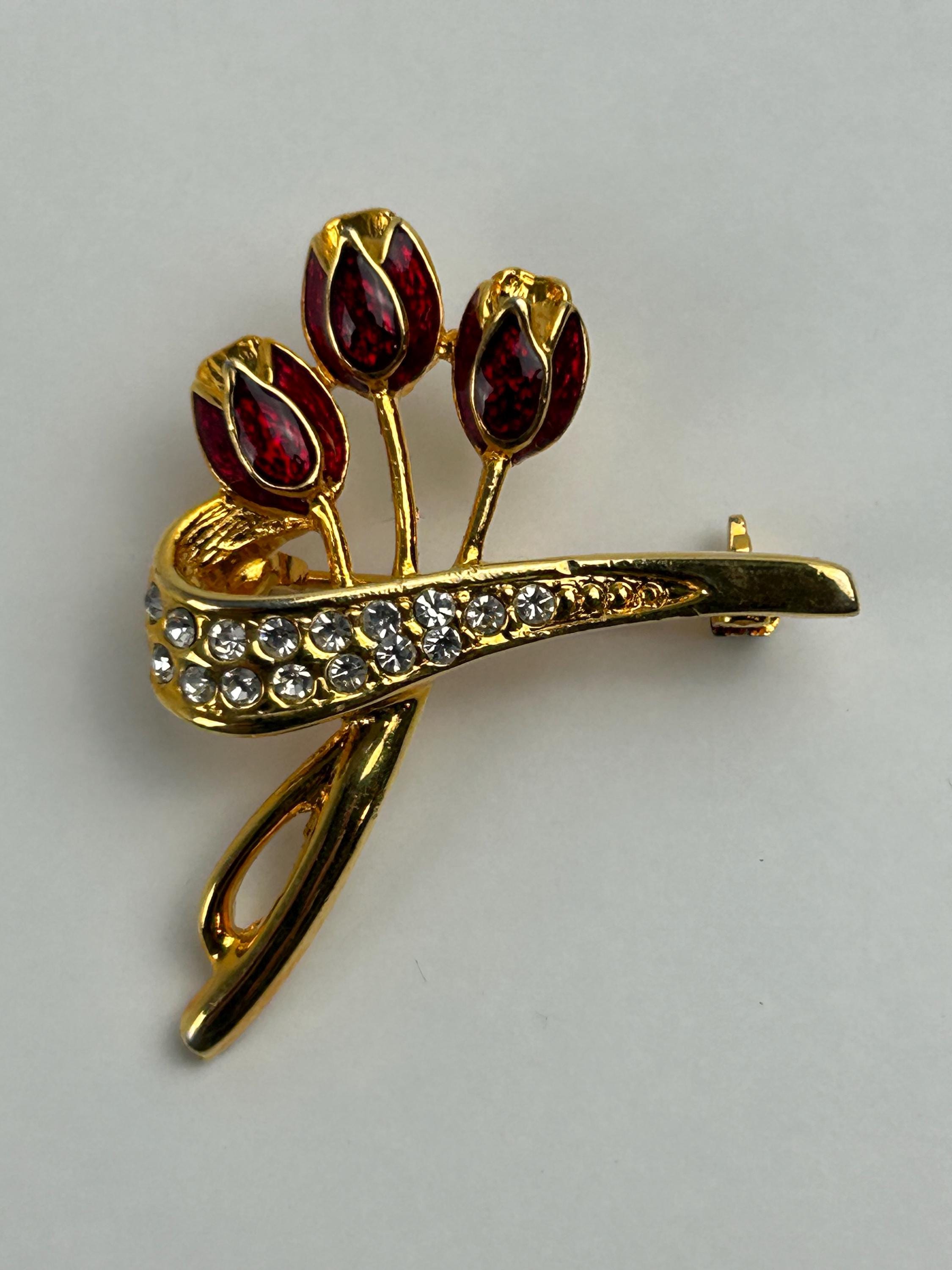 Vintage Brosche Tulpen Clip rot goldfarben rund traditionell handarbeit Oma-Brosche Oma-Schmuck