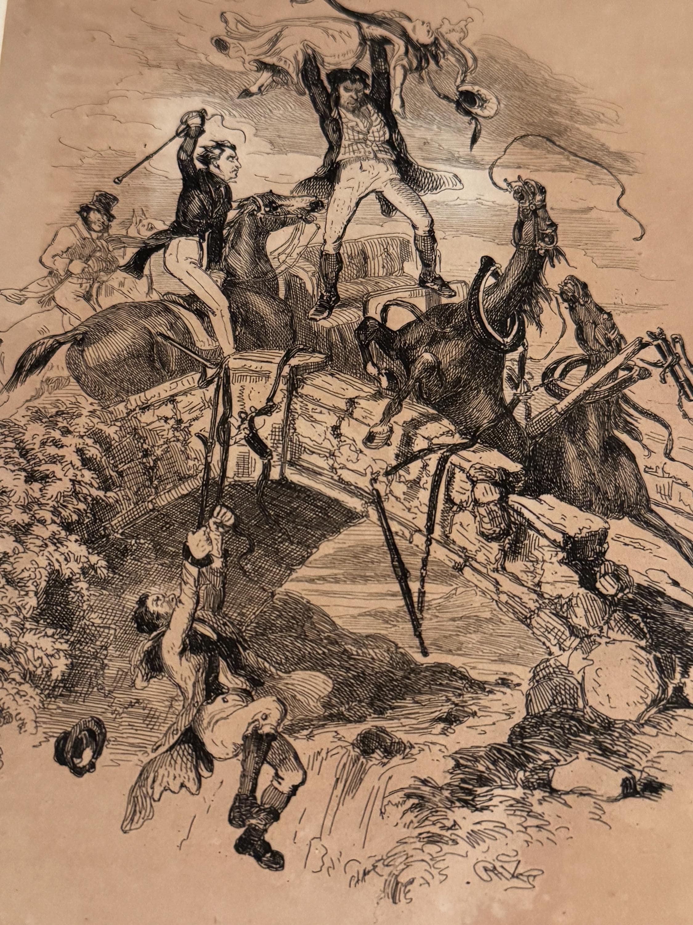 Illustration "The Rescue" von Hablot Knight Browne (Phiz) zu Charles Levers Roman Charles O’Malley, The Irish Dragoon (1841)