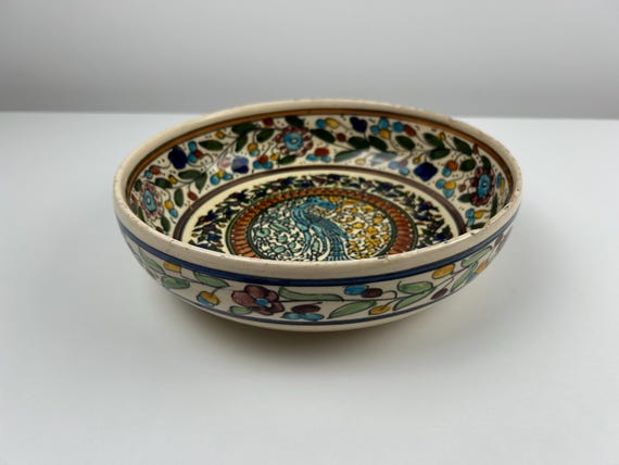 Pfau Blumen Keramik Wandteller Schale Vintage 23cm