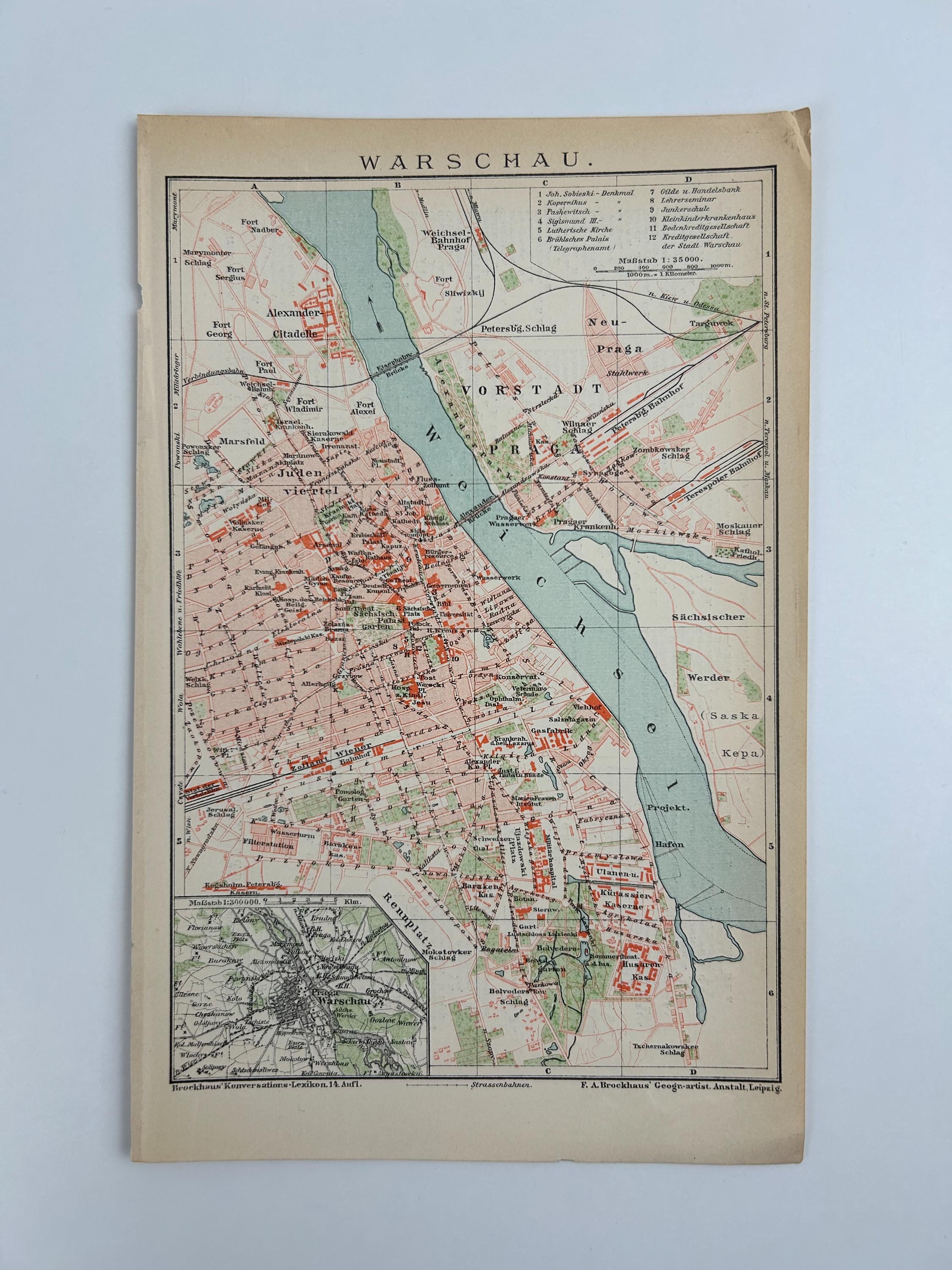 Warschau Stadtplan vintage | Antike Landkarte Wanddeko Historisches Bild Wohnzimmer Dekoration Landkarte alt