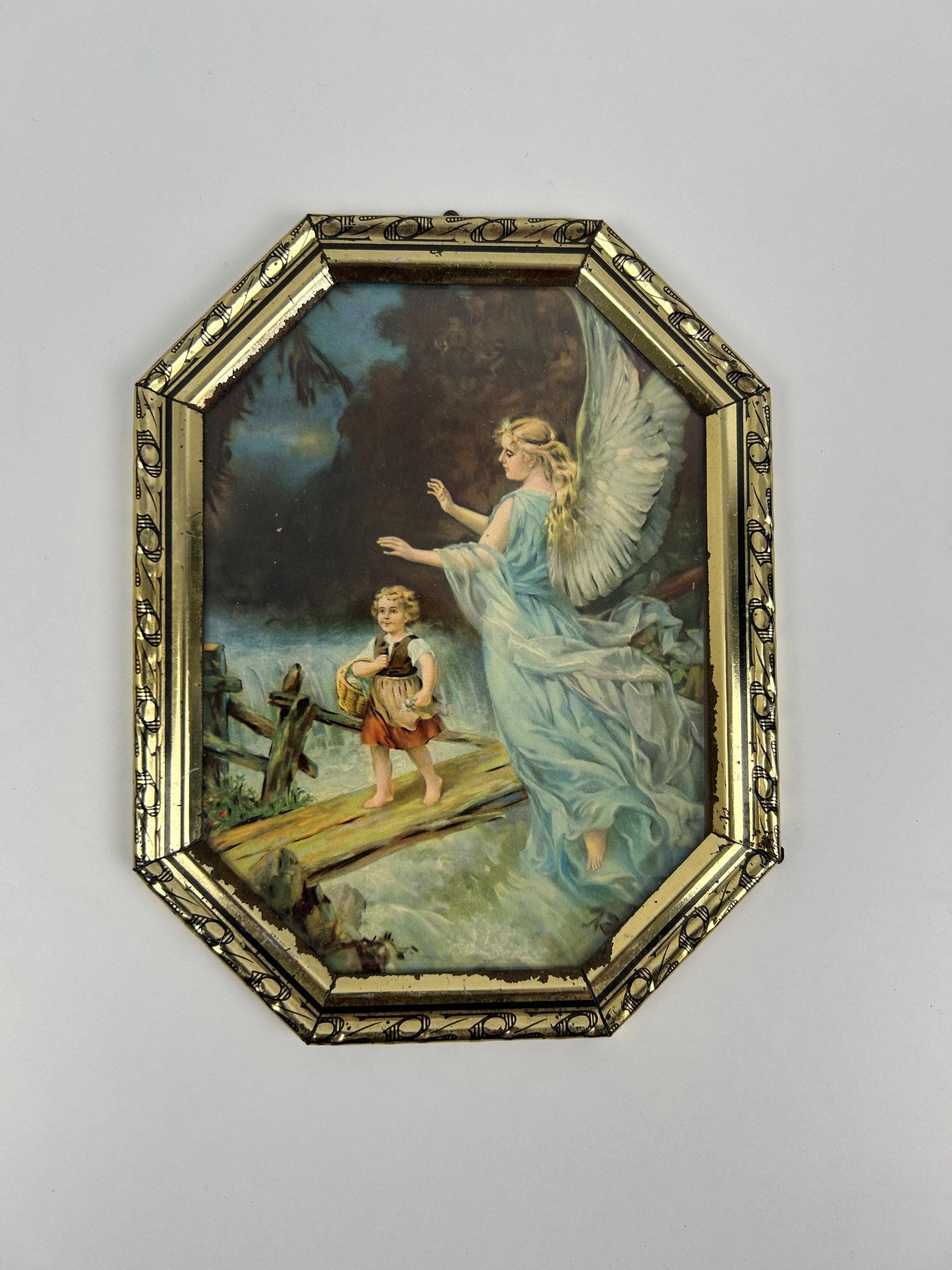 Vintage Andachts- und Erinnerungsbild Schutzengel alt 16 x 21 cm schöner Rahmen