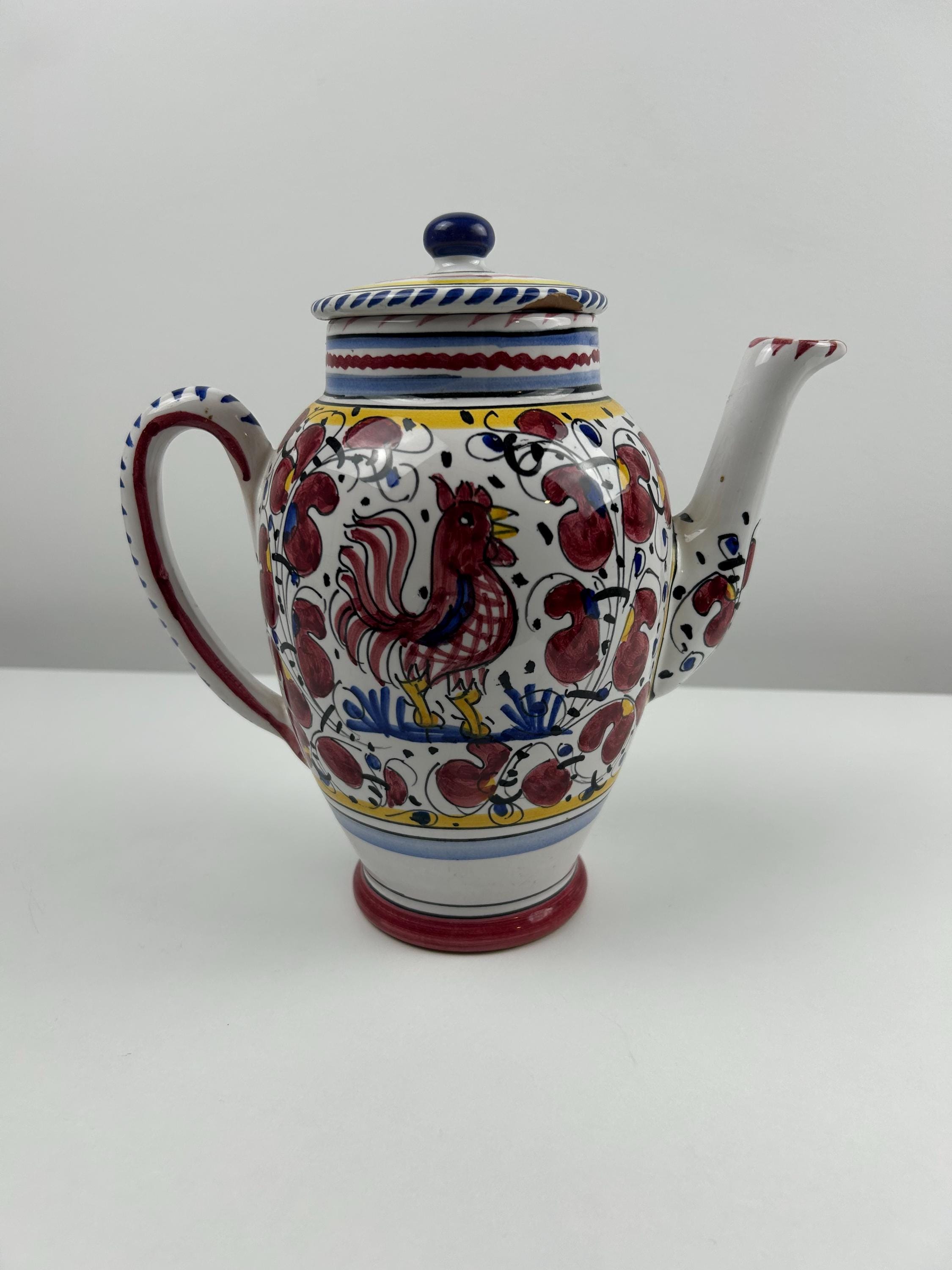 Italienischer Krug mit Deckel 22cm 8,66 in Hahn florales Muster midcentury Dekoration Einrichtung Hühner thrift