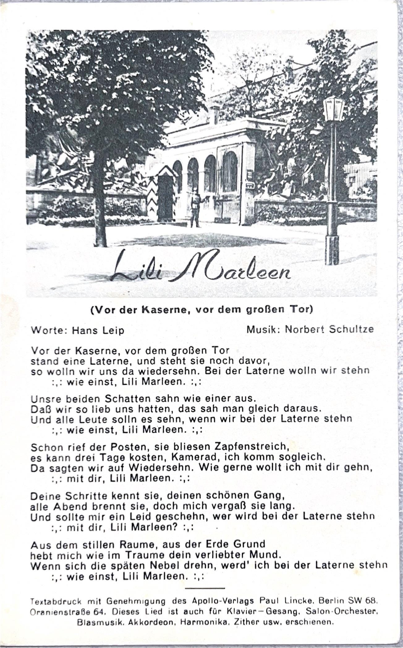 Ansichtskarte "Lili Marleen" Marschlied Postkarte Lithografie Bildpostkarte Briefkarte Korrespondenzkarte Künstlerkarte
