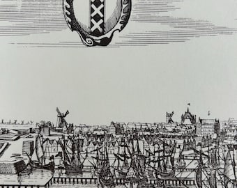 May include: A black and white engraving of a city skyline with a coat of arms at the top. The coat of arms is a heart-shaped shield with a crown on top and the letters "XXX" inside. The city skyline shows a harbor with ships and a windmill.