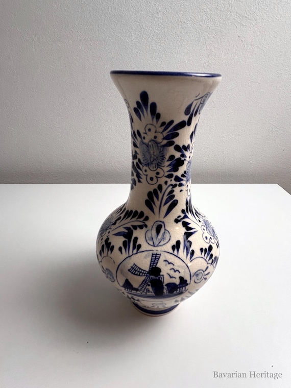 Vase Delfter Stil Windmühle 17 cm Craquelé Vintage