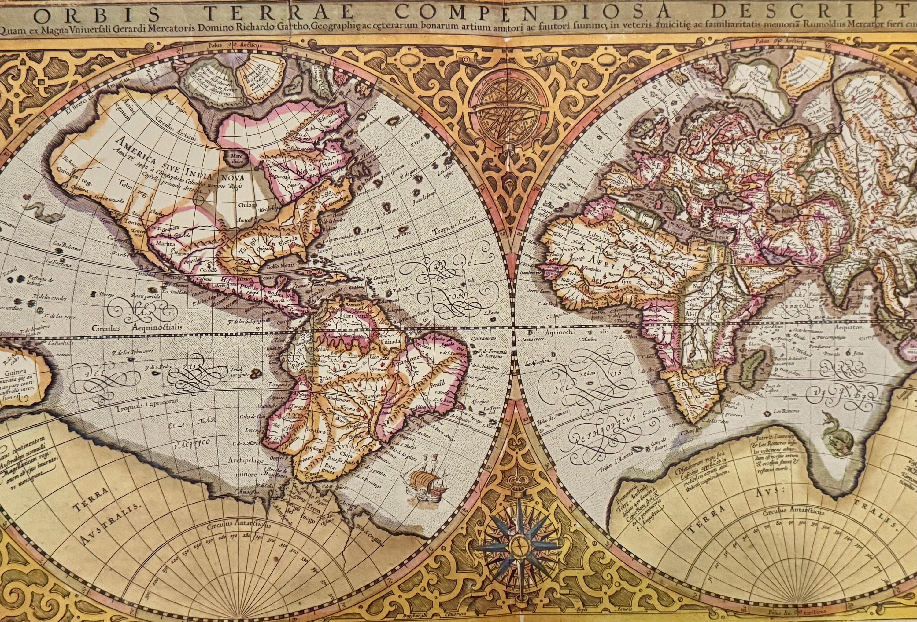 Vintage Weltkarte Rumold Mercator 1587 vintage Kunstdruck | Antike Landkarte Wanddeko Historisches Bild Wohnzimmer Dekoration Landkarte alt