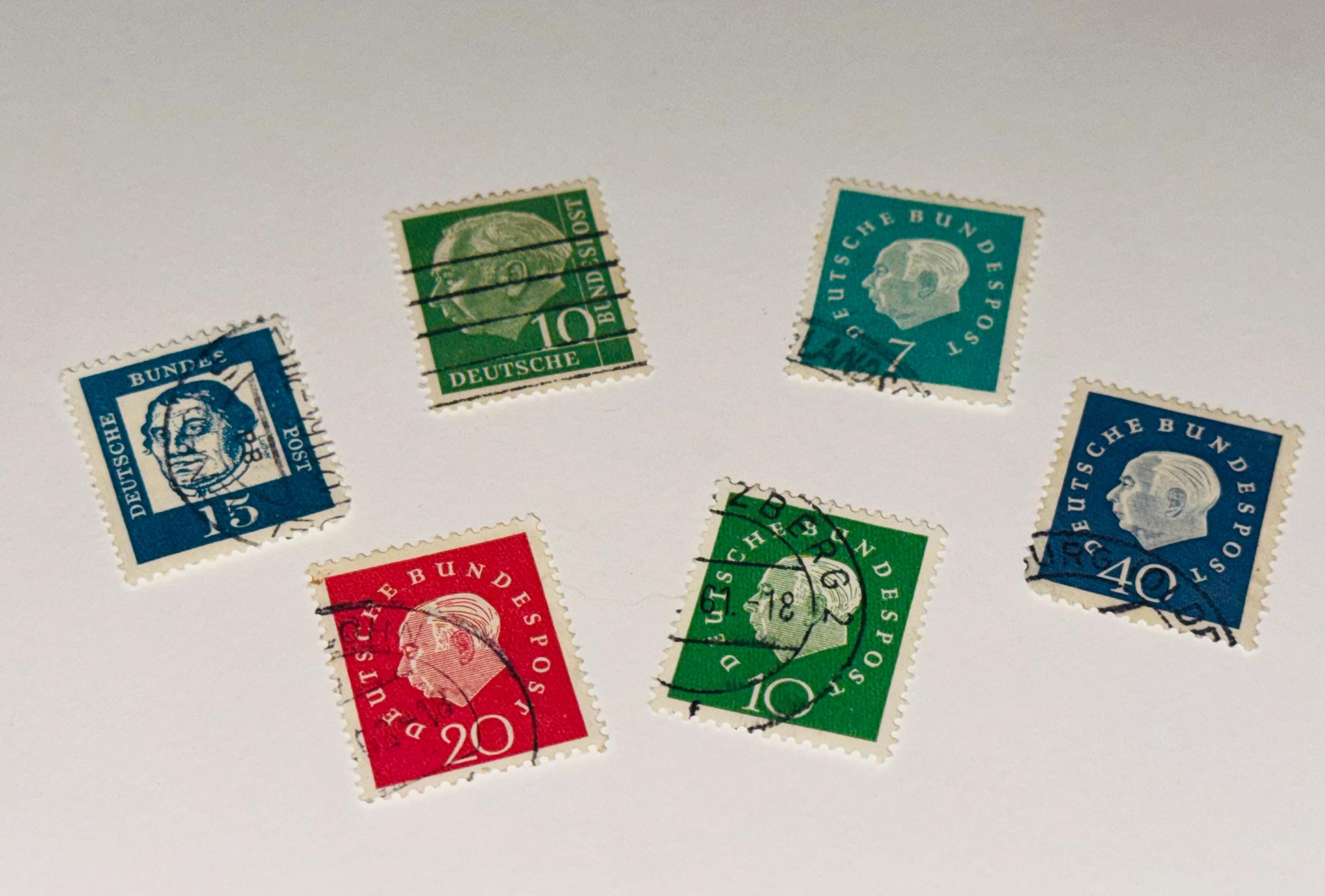 6x Vintage Briefmarken Set Theodor Heuss Dauerserie & Martin Luther gestempelt Briefmarkensammlung Philatelie alt Briefmarkensammler
