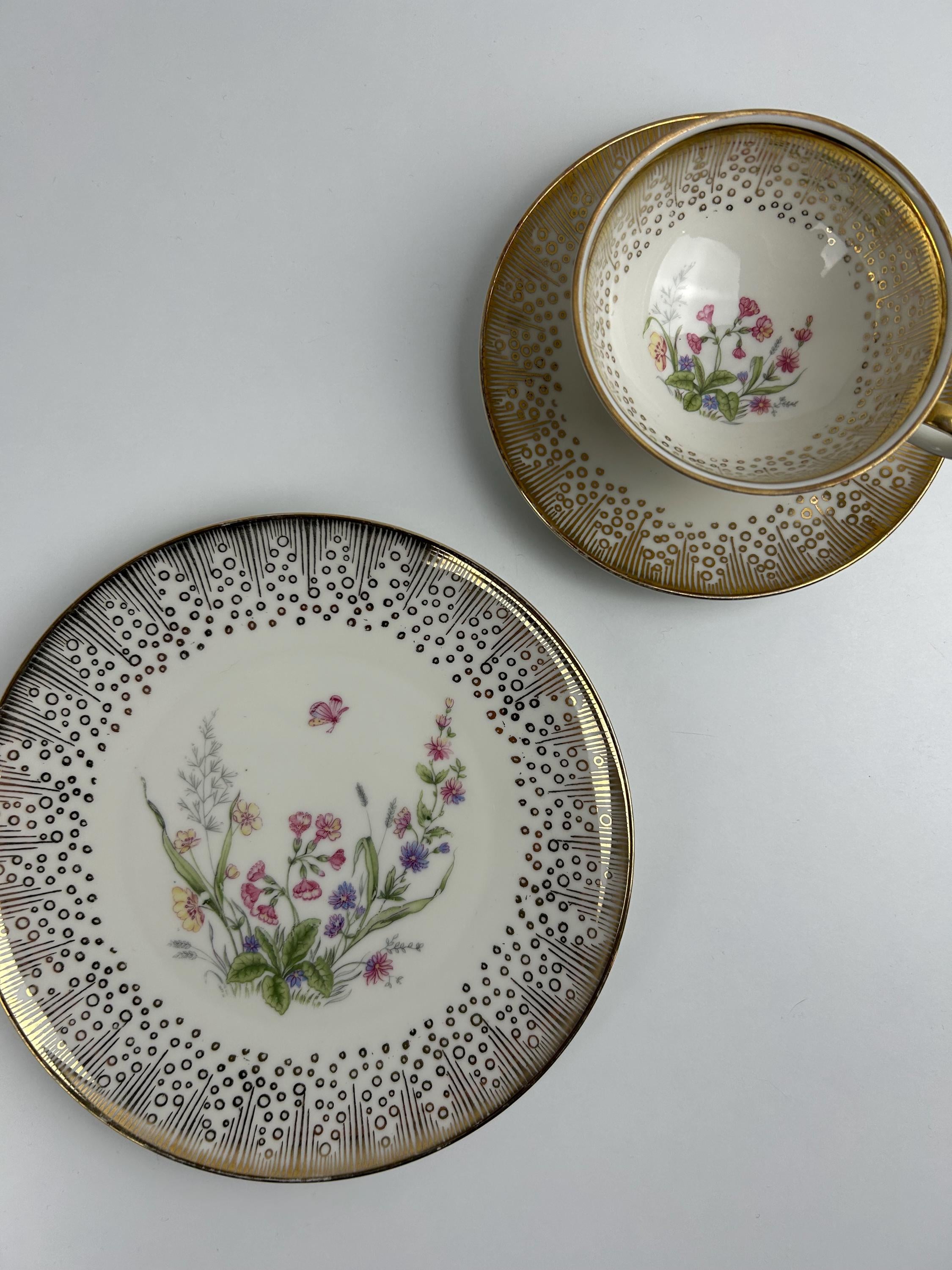 3er Set Bavaria Winterling Nr 22 Mokkatasse, Unterteller und Teller vintage Kaffeetasse Gold antik floral Keramik Sammeltasse Sammler