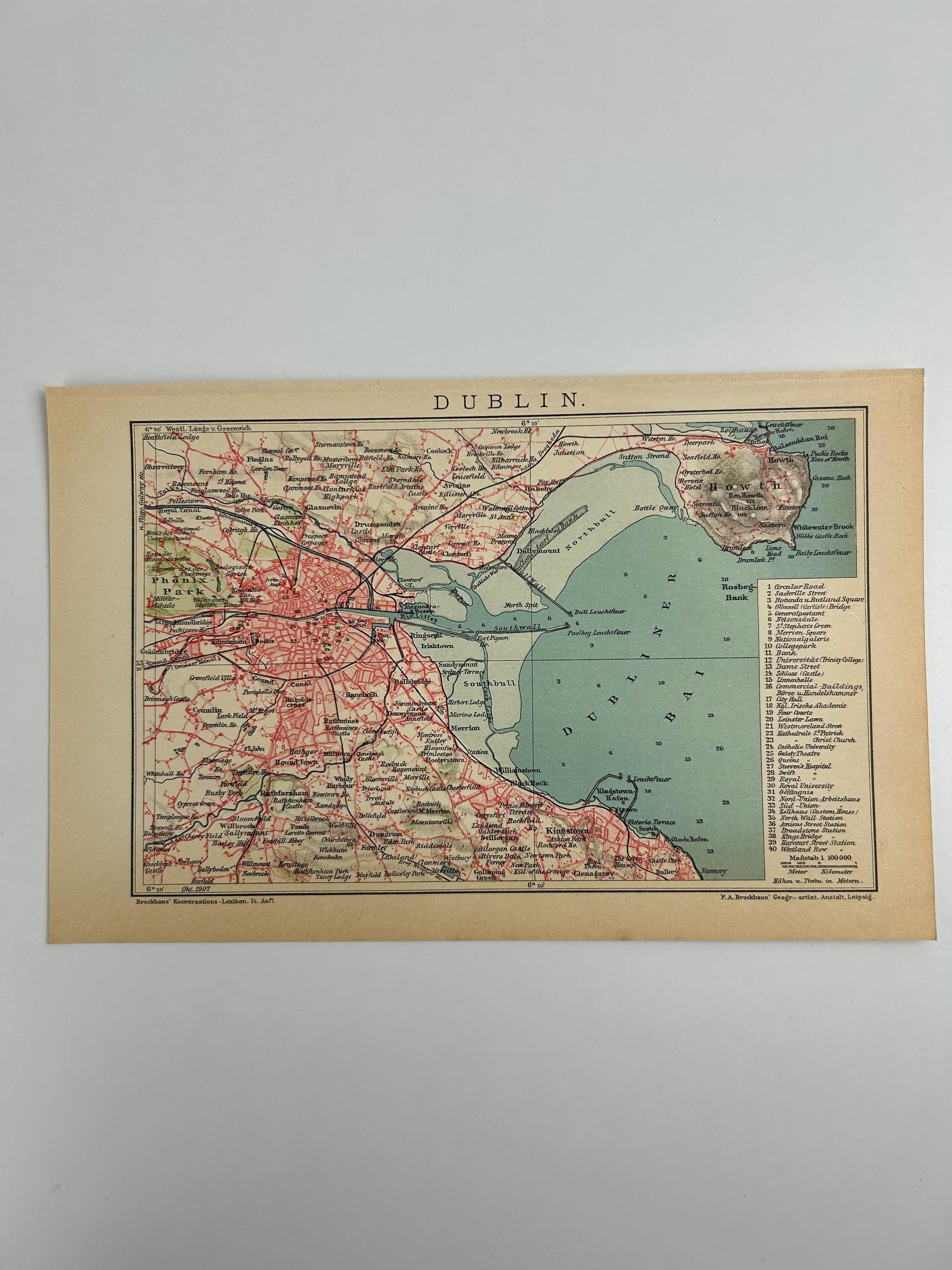 Dublin Stadtplan vintage | Antike Landkarte Wanddeko Historisches Bild Wohnzimmer Dekoration Landkarte alt