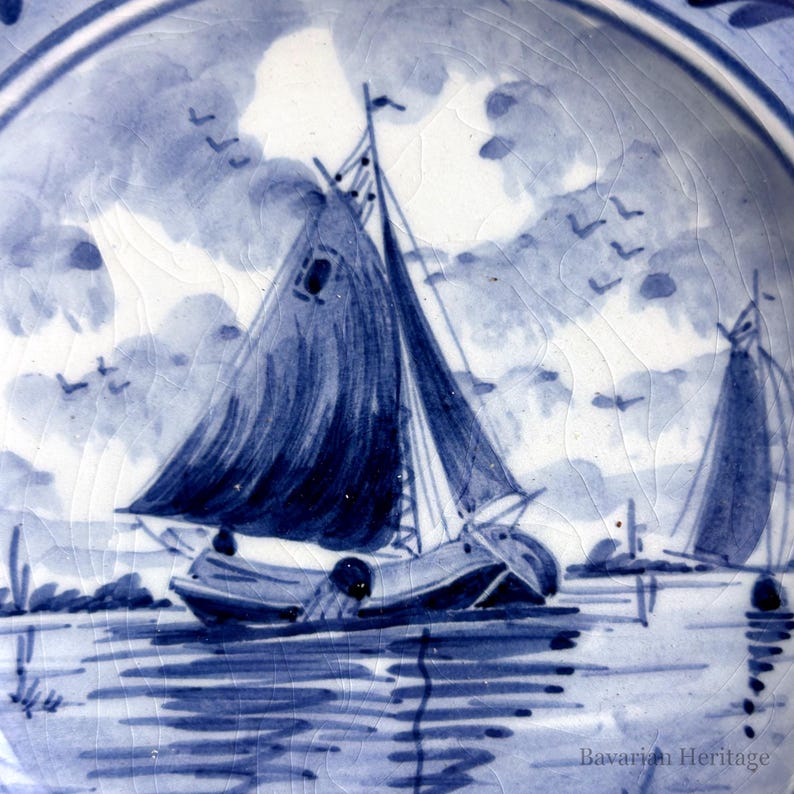 Delft Wall Plate Sailing Ship Hand Painted Blue White 17 cm | Holland Ceramic Plate Maritime Vintage Wall Decor image 3
