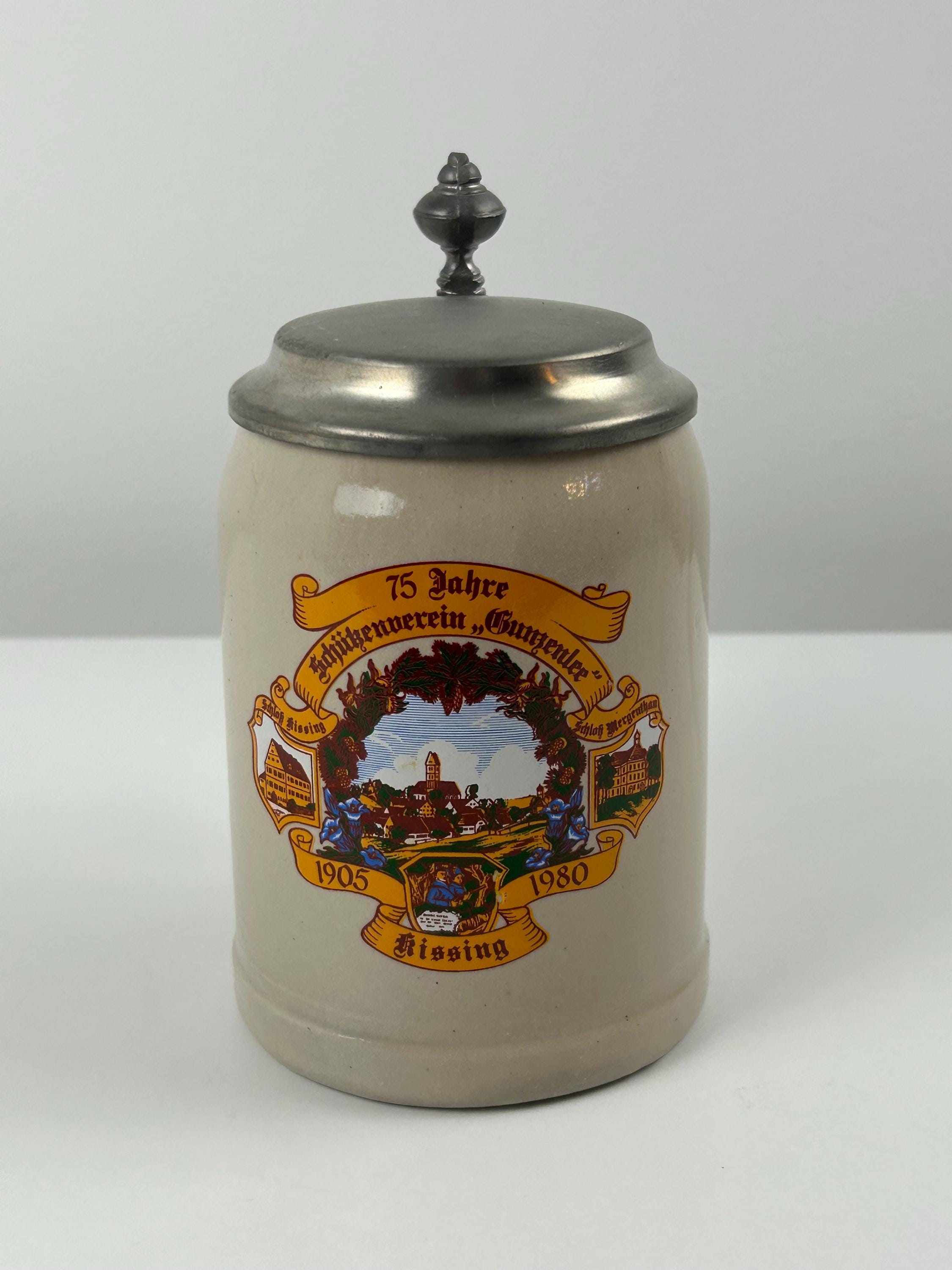 Bierkrug 75 Jahre Schützenverein Gunzenlee Kissing Bier vintage Bierglas Tradition Bayern Schützen Sammlung Sammlerobjekt Steinkrug Zinn