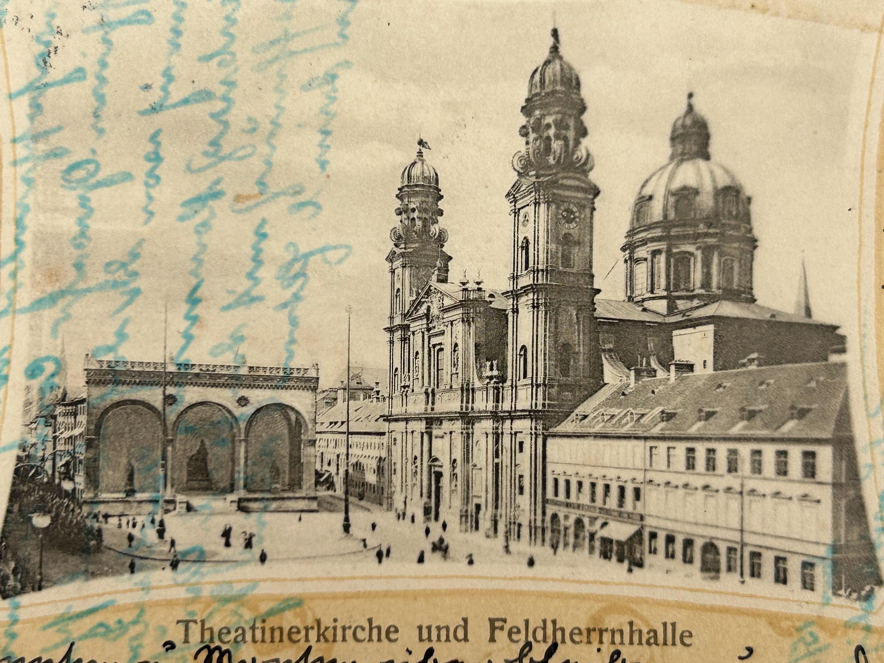 Ansichtskarte Theatinerkirche München Feldherrnhalle Postkarte vintage Lithografie Bildpostkarte Litho Briefkarte Korrespondenzkarte