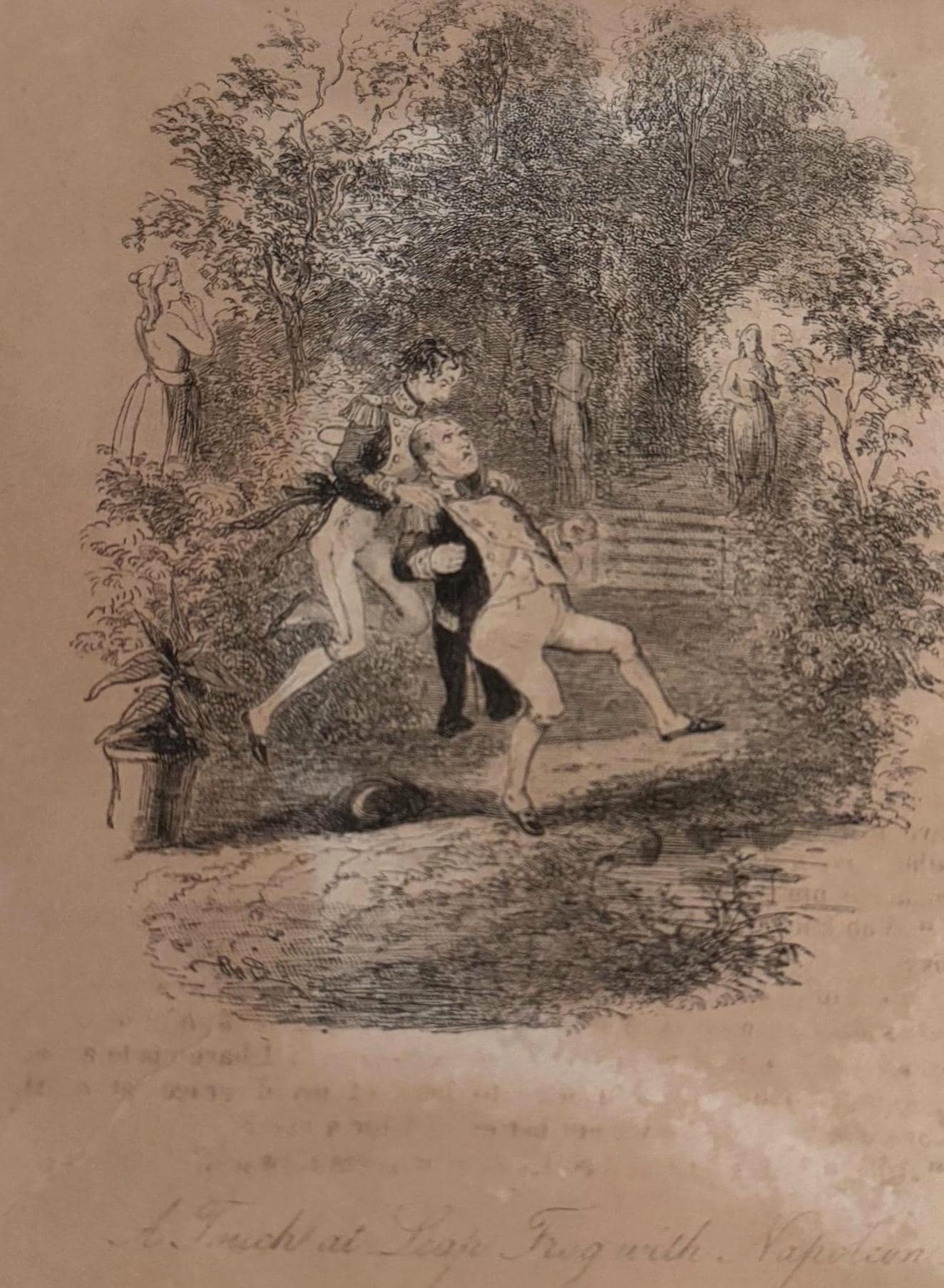 Illustration "A Touch at Leap Frog with Napoleon" von Hablot Knight Browne (Phiz) zu Charles Levers Roman Charles O’Malley, Irish Dragoon