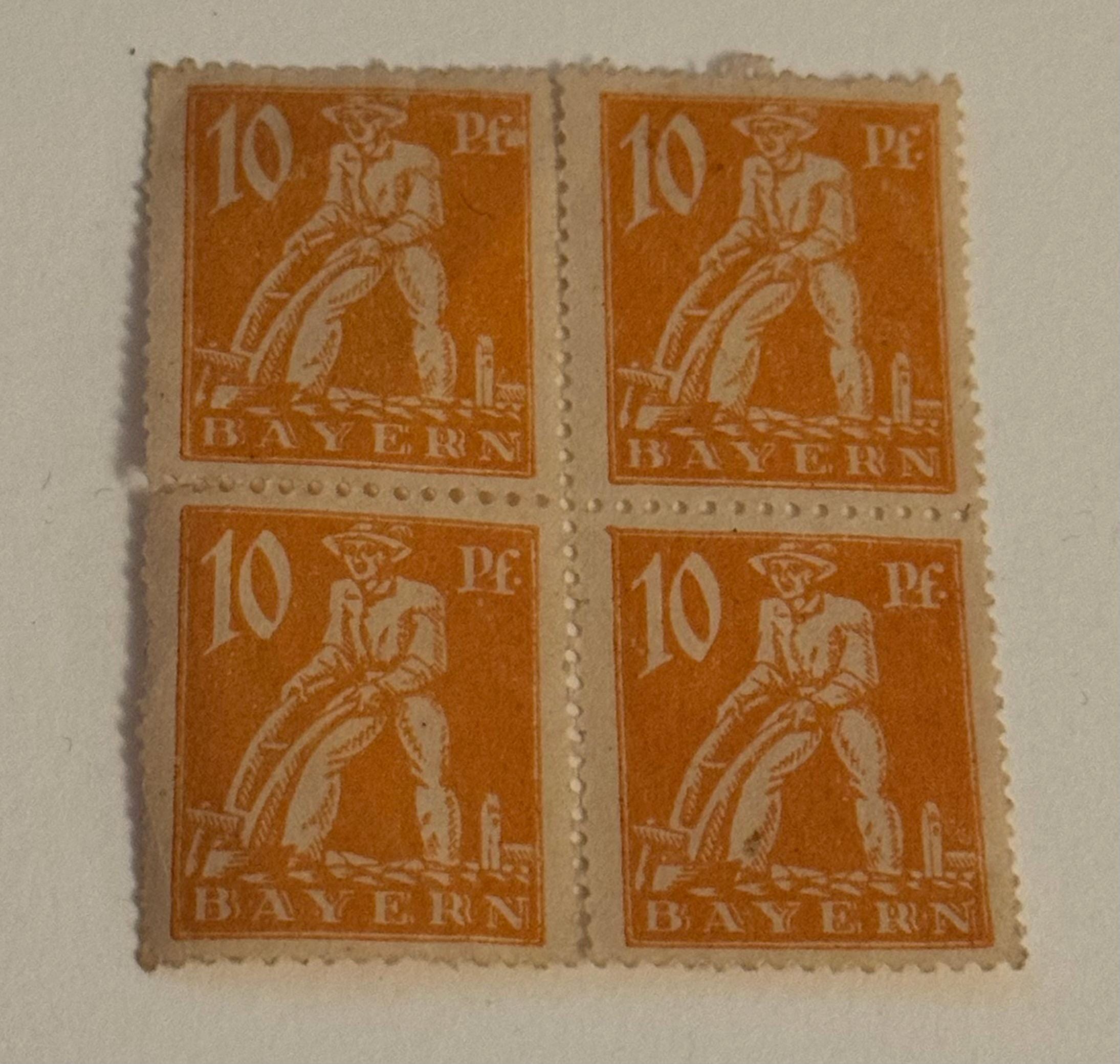 Historischer 4er Block Vintage Briefmarken Bayern 10 Pfennig Pflüger Freimarke Briefmarkensammlung Philatelie Altdeutschland Bayern