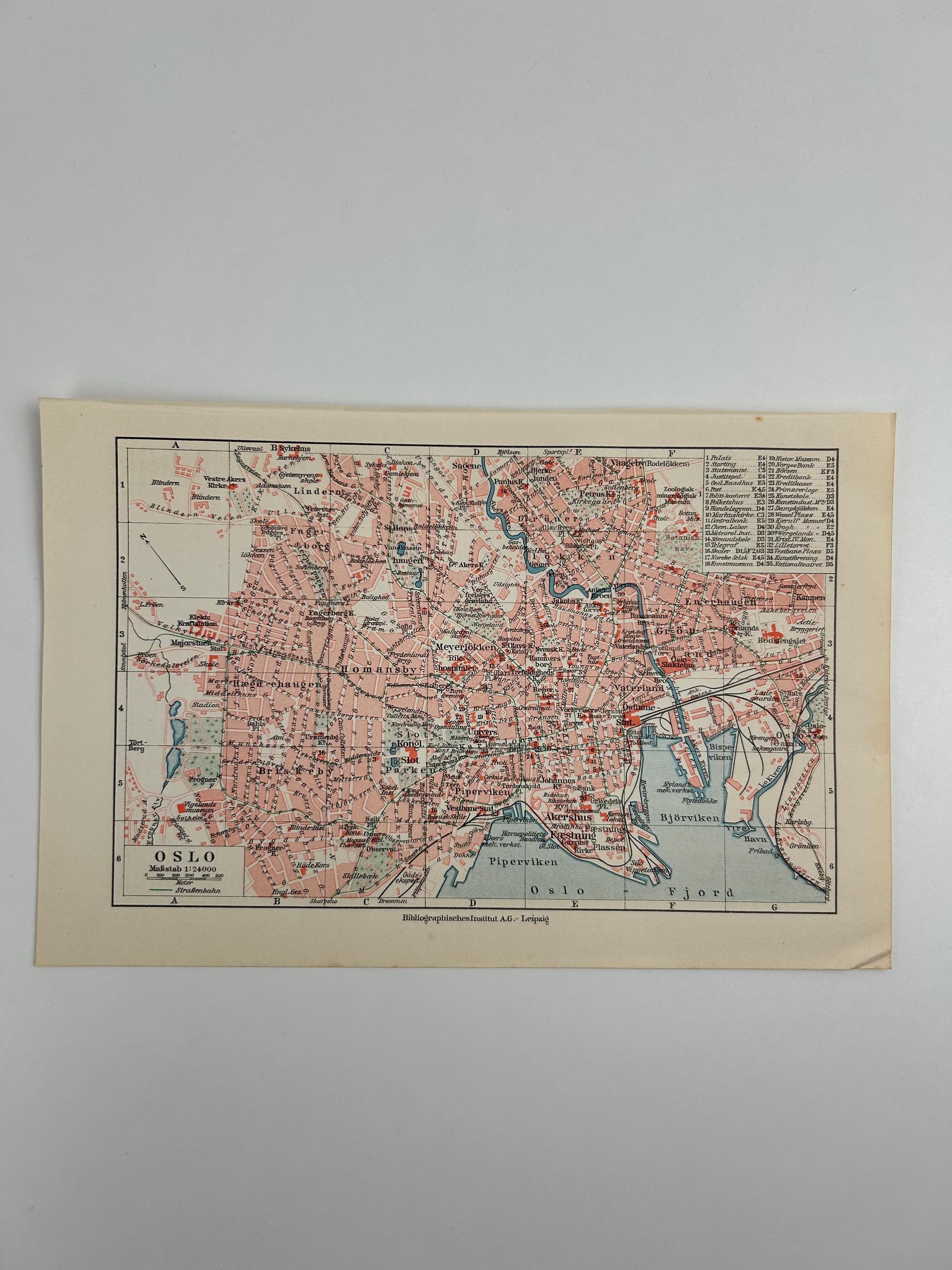 Oslo Stadtplan vintage | Antike Landkarte Wanddeko Historisches Bild Wohnzimmer Dekoration Landkarte alt