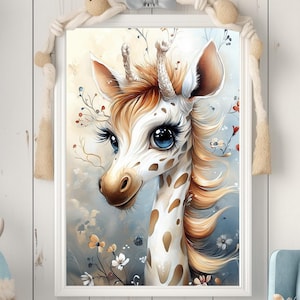 Lámina artística de jirafa caprichosa, adorable ilustración de animal, decoración de pared para guardería, regalo divertido inspirado en la naturaleza para niños, adorable obra de arte de vida silvestre.