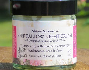 Tallow Face Cream, Natural Moisturiser with Retinol, Vitamin C, Rosehip Oil, Blended Essential Oils, Skincare for Mature and Sensitive Skin