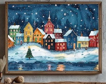 Starry Night Christmas Village Houses Art Print or Canvas, Christmas Holiday Décor, Vintage Christmas,  Winter Festive Home Decoration, Gift