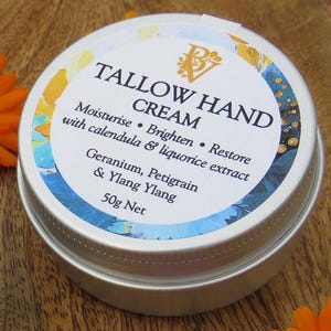 Tallow Hand Cream, Moisturise, Brighten, Restore, with calendula & liquorice extract. Blended Essential Oils, handmade in Devon