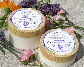Magnesium Cream, Relax & Replenish, with perfectly blended essential oils, hand made in small batches in and small town in  Devon, UK