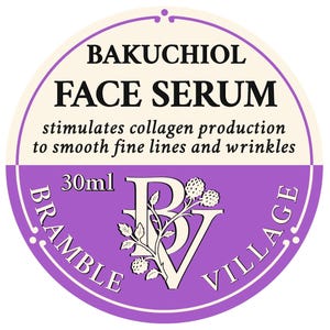 May include: A circular label for a face serum, featuring the text "BAKUCHIOL FACE SERUM". The label also states that it stimulates collagen production to smooth fine lines and wrinkles. The label is purple and cream colored, with a 30ml volume.