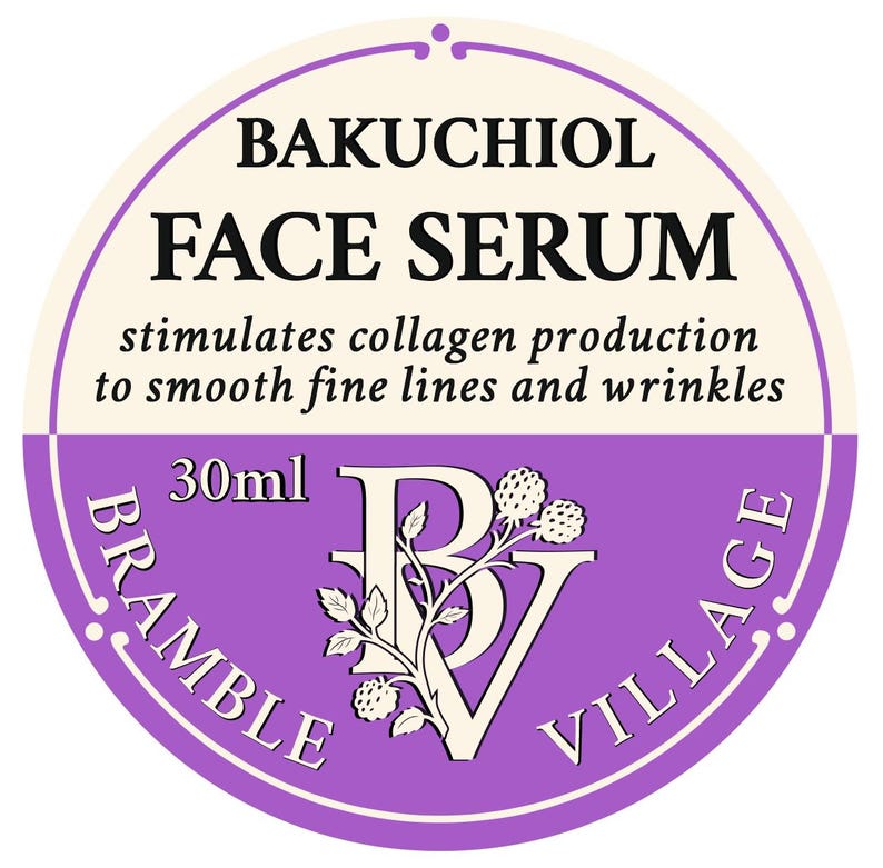 May include: A circular label for a face serum, featuring the text "BAKUCHIOL FACE SERUM". The label also states that it stimulates collagen production to smooth fine lines and wrinkles. The label is purple and cream colored, with a 30ml volume.