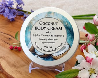Coconut Body Cream, Handmade in Devon UK with Pure Organic Ingredients, Fragrance and Essential Oil Free, Suitable for Sensitive Skin.