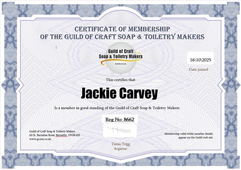 Is a member in good standing of 'The Guild of Craft Soap & Toiletry Makers' in the United Kingdom.