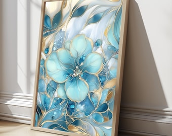 Turquoise Floral Art Print or Canvas, Modern Abstract Flower Painting, Gold Leaf Botanical Decor, Elegant Blue n Gold Artwork, Wedding Gift