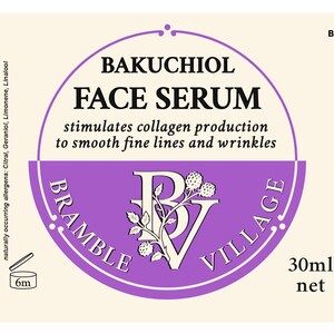 May include: A label for 'Bakuchiol Face Serum' with a purple and white design. The label includes the text 'stimulates collagen production to smooth fine lines and wrinkles'. The product contains 30ml.