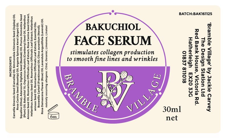 May include: A label for 'Bakuchiol Face Serum' with a purple and white design. The label includes the text 'stimulates collagen production to smooth fine lines and wrinkles'. The product contains 30ml.