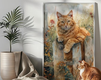Ginger Tom Cat on a Fence - Cat Art Print or Canvas | Home Décor | Animal Lover Gift for Him or Her | Cat Lovers Present