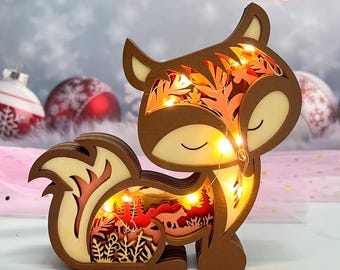 Wooden Carved 3D Fox With LED Lights,Cute Fox Figurines,Bedroom Decor,Wooden Ornament,Birthday Gift For Kids