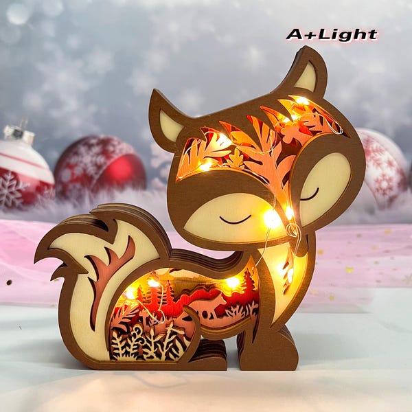 Wooden Carved 3D Fox With LED Lights,Cute Fox Figurines,Bedroom Decor,Wooden Ornament,Birthday Gift For Kids