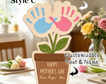 Personalisierter Handabdruck Blumengeschenk für Mama, hölzernes Andenken Der erste Muttertag, DIY Baby Handabdruck Zeichen, Mama Geschenk von Kindern